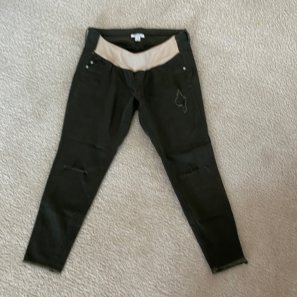 Hunter Green tattered Maternity jeans with under belly band-Medium